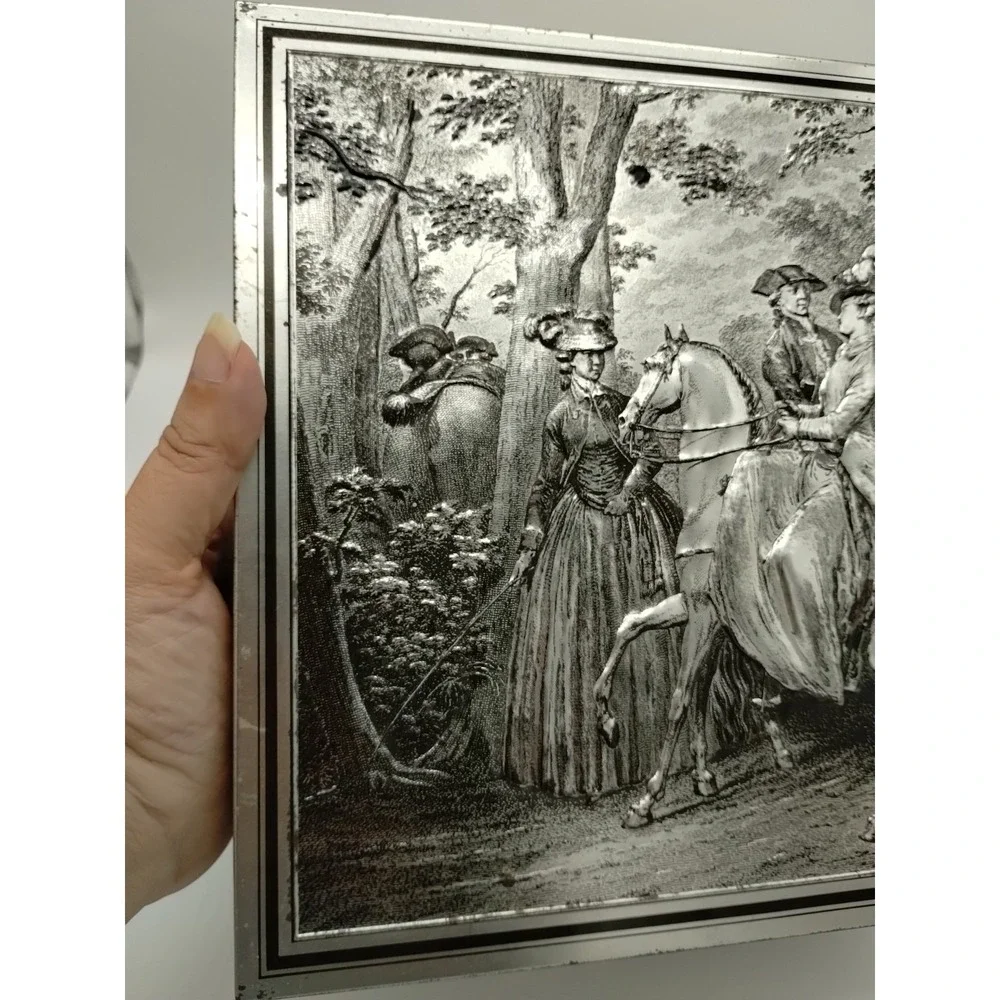 Vintage Biscuit Tin Box Embossed Colonial Equestrian Forest Theme Silver Toned